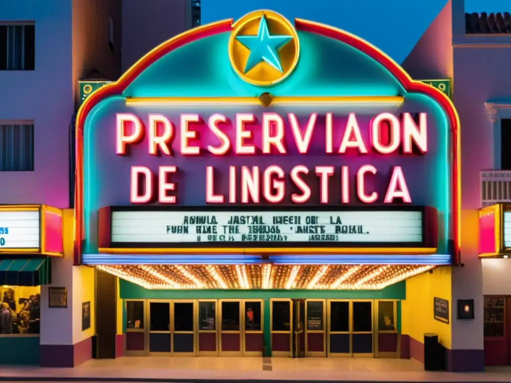 Marquesina de cine vintage con 'Preservación de la diversidad lingüística' en letras retro rodeada de luces de neón y bulliciosas calles de la ciudad