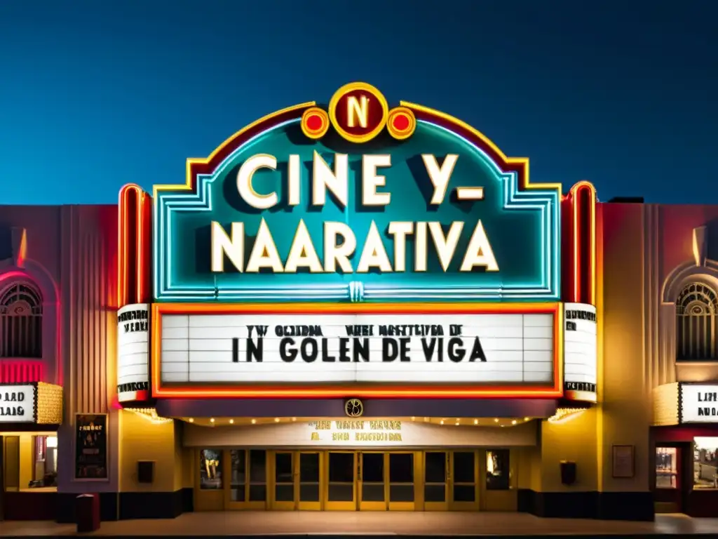 Marquesina de cine vintage iluminada de noche con 'Difusión de lenguas olvidadas en cine' en letras brillantes, rodeada de detalles art decó y carteles de películas extranjeras, evocando nostalgia y el cine de oro