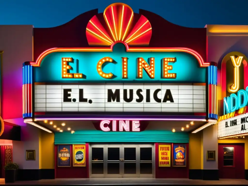 Marquesina de cine vintage iluminada de noche con el título 'El cine y la música', rodeada de luces de neón y carteles de películas clásicas