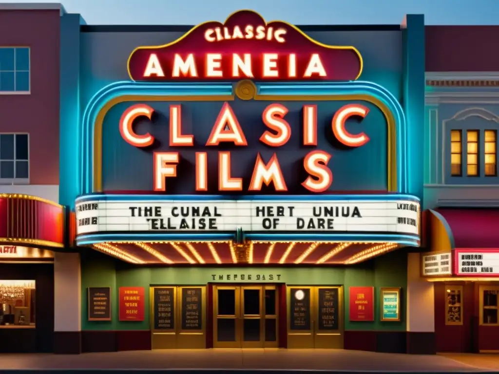 Marquesina vintage de cine con títulos clásicos en varios idiomas, iluminada por luces de neón, preservando la diversidad lingüística del cine