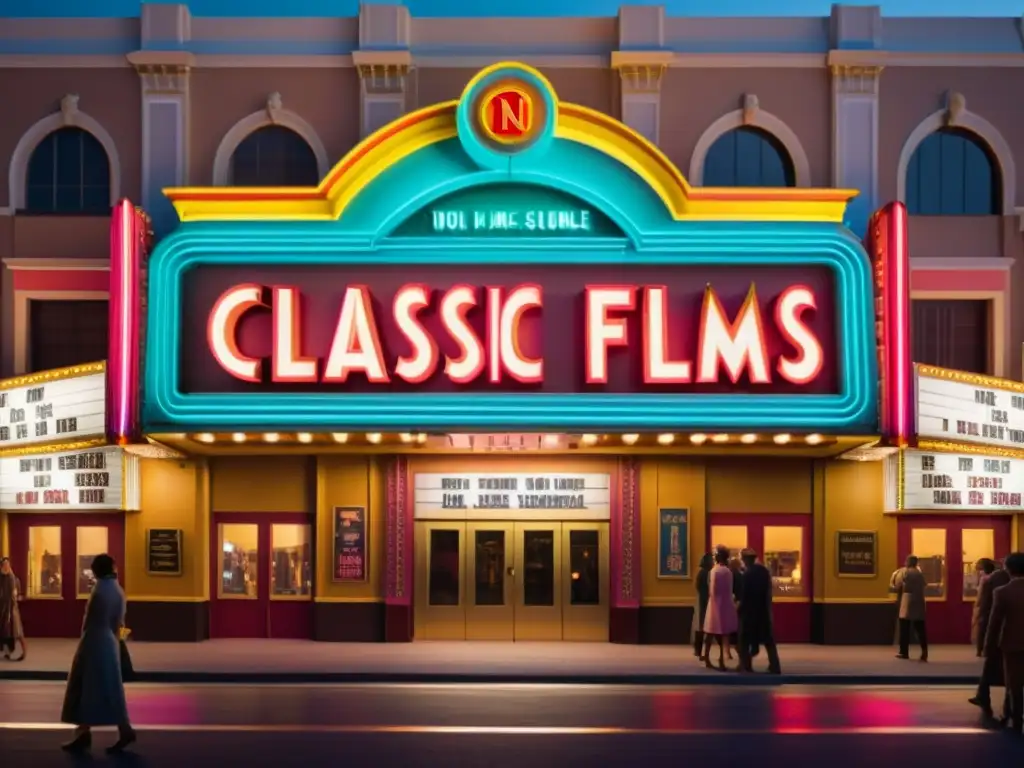 Marquesina de cine vintage iluminada por luces de neón, con títulos de películas clásicas en varios idiomas, rodeada de detalles arquitectónicos ornamentados y una multitud vestida con ropa retro