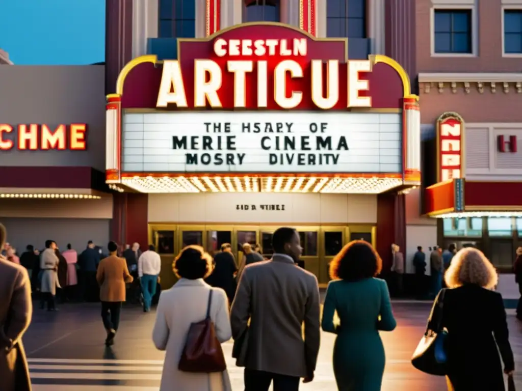 Marquesina de cine vintage iluminada con luz cálida, reflejando la preservación de la diversidad lingüística a través del cine y la riqueza cultural de la ciudad