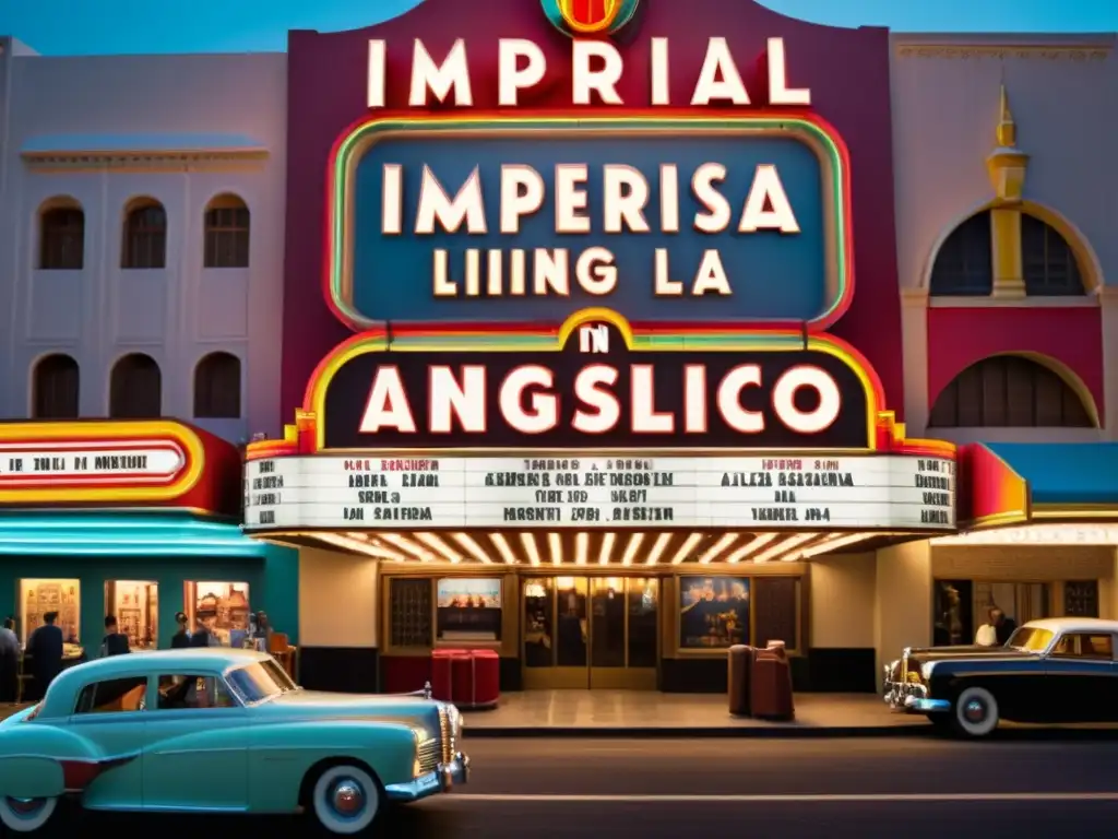 Marquesina de cine vintage con 'Imperialismo lingüístico en la anglofonía' en letras llamativas rodeada de luces de neón y carteles antiguos, en una bulliciosa calle de la ciudad de los años 50