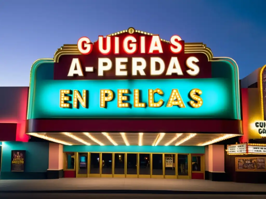 Marquesina de cine vintage con luces coloridas y las palabras 'Guías de aprendizaje basadas en películas