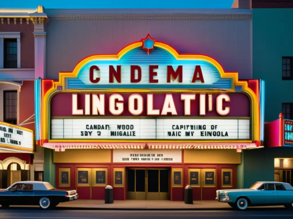 Marquesina de cine vintage con luces coloridas, en una ciudad bulliciosa, evocando nostalgia y la preservación de la diversidad lingüística en el cine