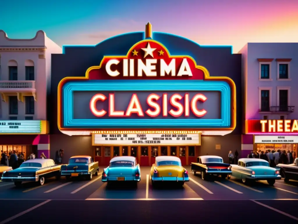 Marquesina de cine vintage con luces de neón coloridas mostrando títulos de películas clásicas en varios idiomas, rodeada de una multitud diversa, preservando la diversidad lingüística y la magia del cine en una vibrante ciudad