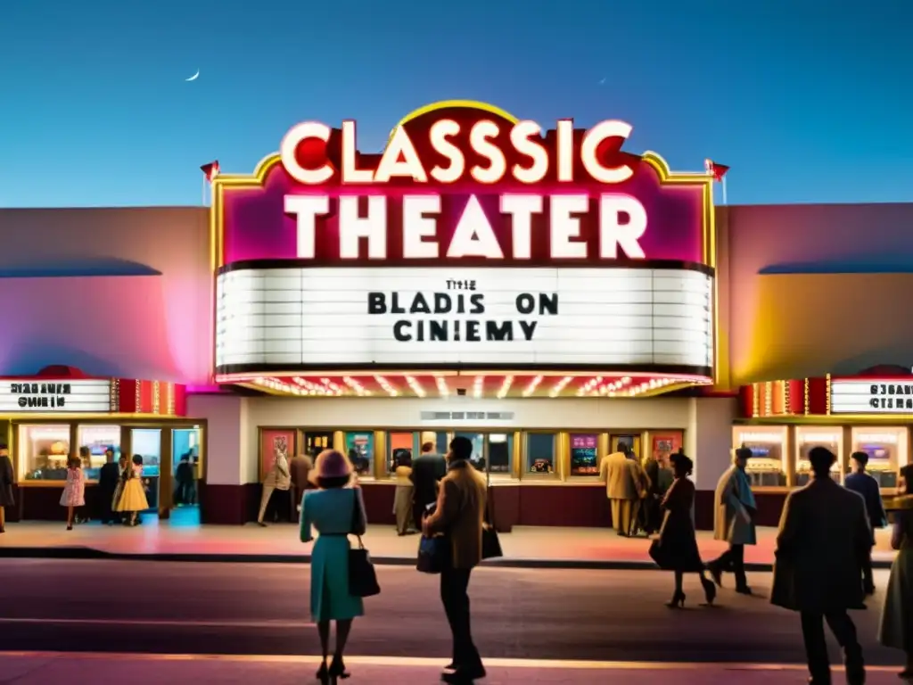 Marquesina de cine vintage con luces de neón en la noche, mostrando títulos de películas clásicas