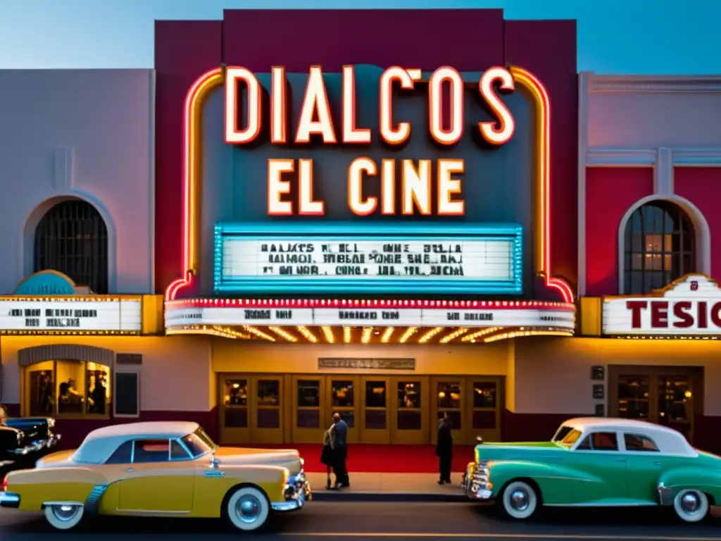 Marquesina de cine vintage con luces de neón iluminando 'Dialectos en el cine y televisión'