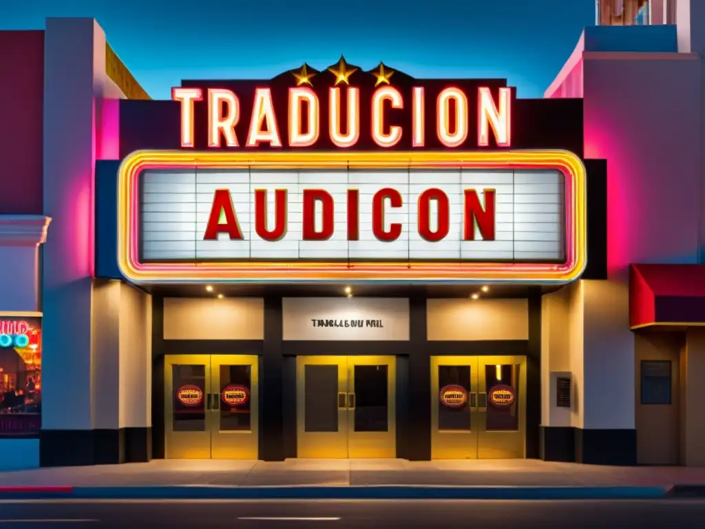 Marquesina de cine vintage con el texto 'Traducción Audiovisual' en luces brillantes, en una bulliciosa ciudad de noche