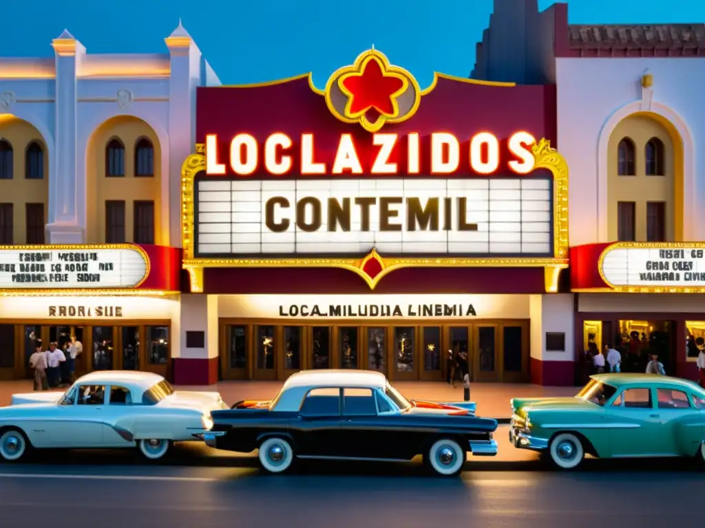 Marquesina de cine vintage con el título 'Localización de Contenidos Multimedia' en luces brillantes