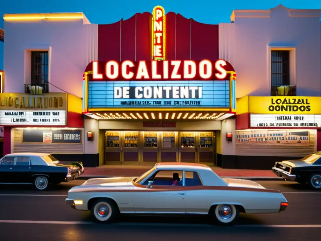 Marquesina de cine vintage con el título 'Localización de contenidos multimedia' rodeado de luces de neón