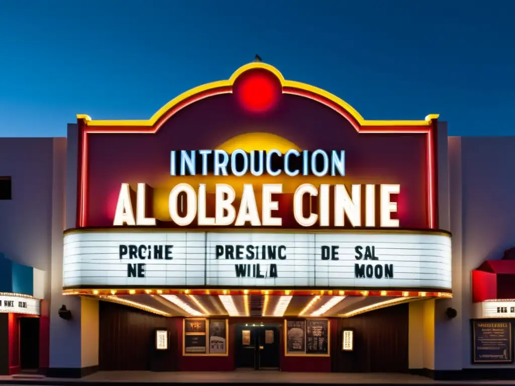 Marquesina de cine vintage con el título 'Introducción al Proceso de Doblaje en Cine' iluminado, rodeada de clásicos pósters de películas bajo la luz de la luna, evocando el encanto del doblaje en la industria cinematográfica