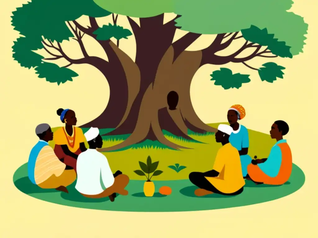 Un círculo de ancianos africanos bajo un árbol, inmersos en profunda conversación