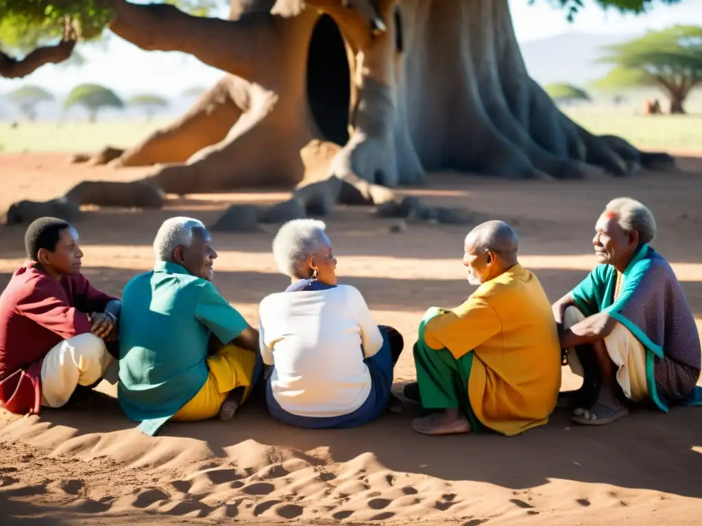 Un círculo de ancianos de una comunidad bantú bajo un árbol centenario, conversando en un escenario bañado por la cálida luz del sol