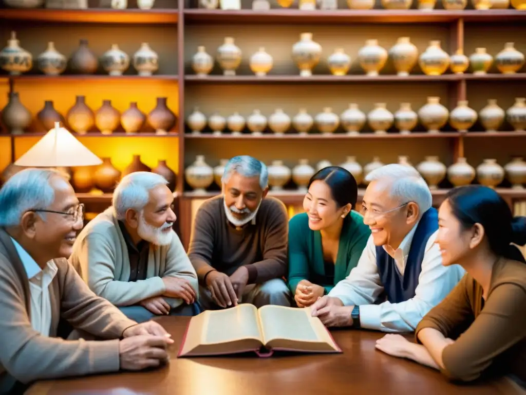 Un círculo de ancianos de diversas culturas conversando, sosteniendo libros antiguos, iluminados por lámparas