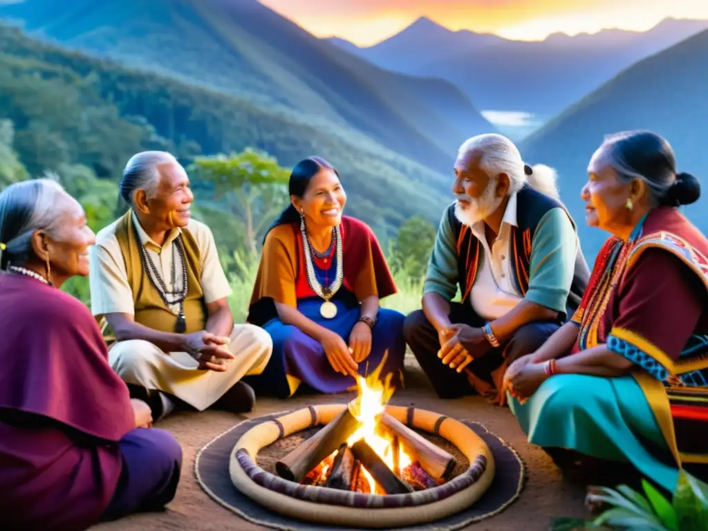 Un círculo de ancianos indígenas conversando junto al fuego, en un entorno natural vibrante