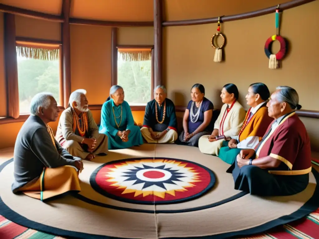 Un círculo de ancianos indígenas en tradicional ceremonia de protección lenguas indígenas comunidades, vistiendo coloridos atuendos