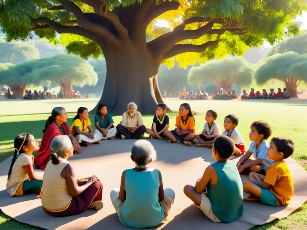 Un círculo de ancianos y niños indígenas bajo un árbol, escuchando historias con reverencia