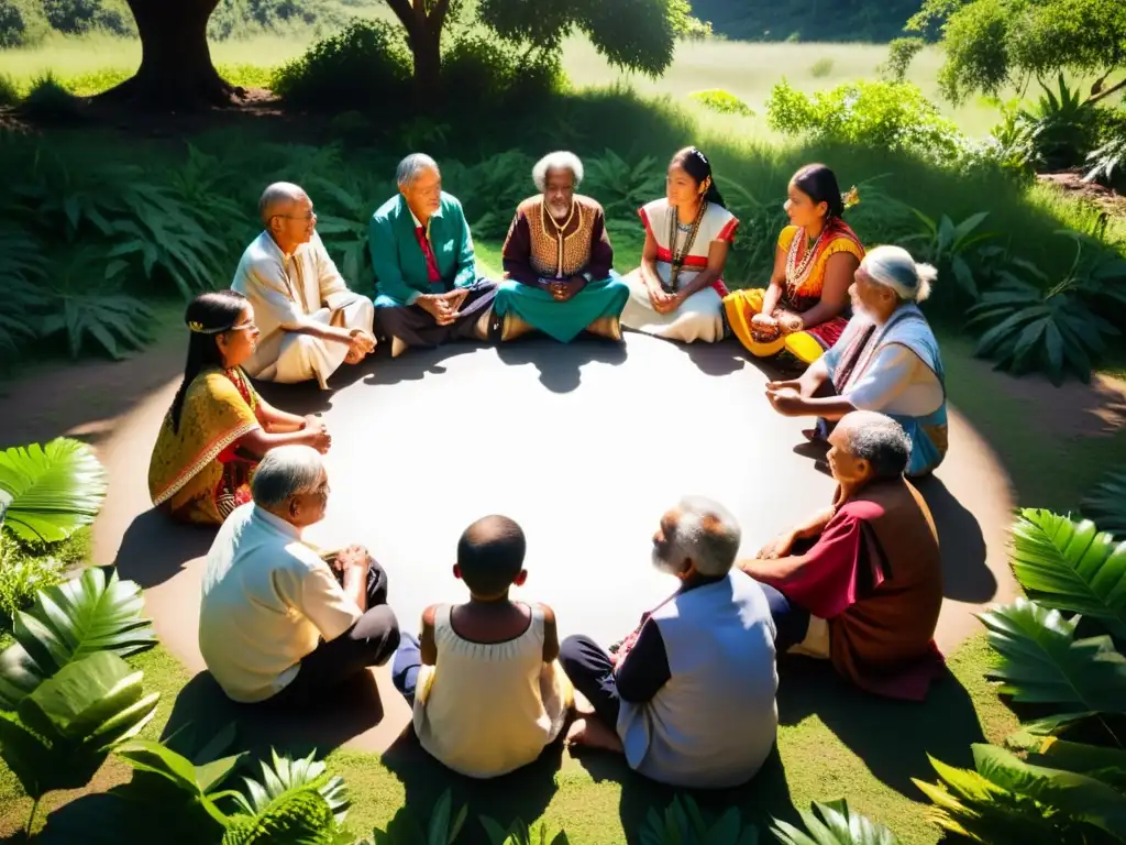 Un círculo de ancianos y niños indígenas en la selva, protección lenguas indígenas comunidades