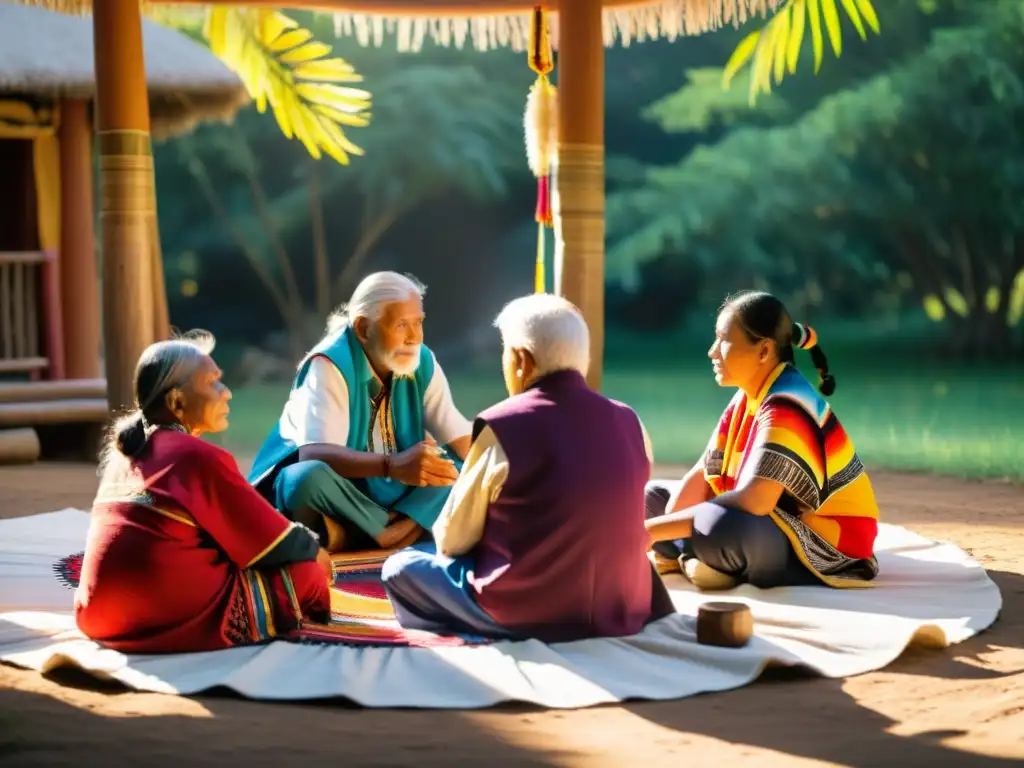 Un círculo de ancianos indígenas comparte sabiduría y tradiciones con niños, rodeados de textiles coloridos y artesanías