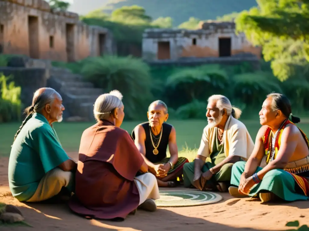 Un círculo de ancianos indígenas comparte sabiduría y tradiciones entre ruinas antiguas, en un ambiente de revitalización lingüística y sonidos ancestrales