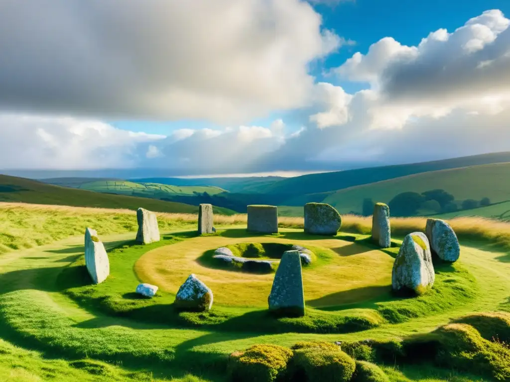 Un círculo de piedras antiguas en un paisaje verde y sereno, con el sol dorado filtrándose entre las nubes