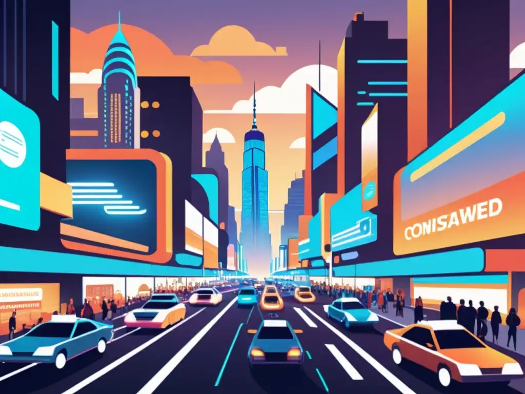 Una ilustración vintage de una ciudad bulliciosa con elementos futuristas, como carteles de traducción AI, intérpretes de idiomas robóticos y traducciones holográficas flotando sobre las calles