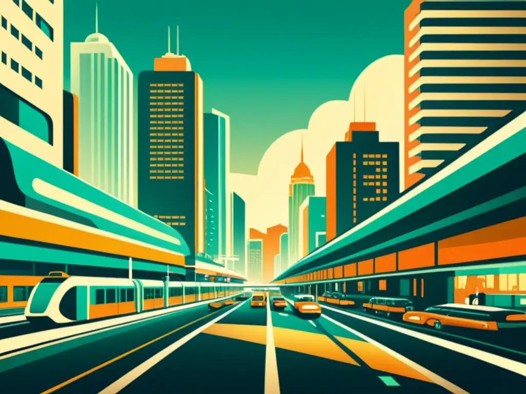 Una ilustración vintage de una ciudad futurista con edificios elegantes y avanzados sistemas de transporte