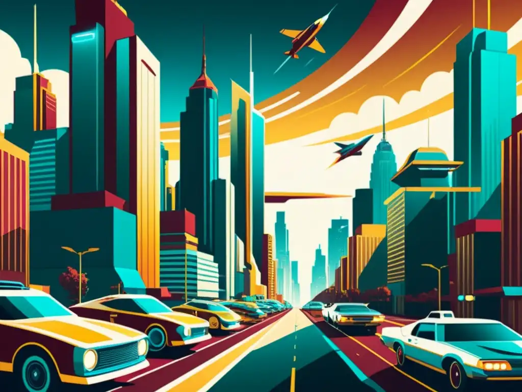 Una ilustración vintage de una ciudad futurista con edificios metálicos y actividad frenética