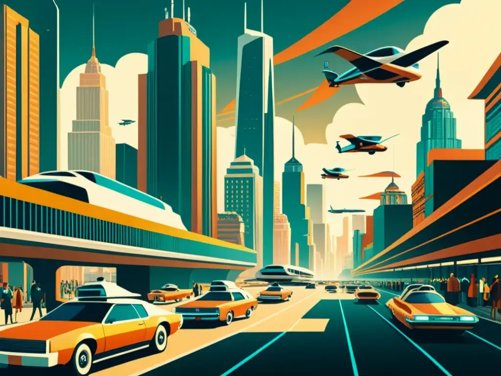 Una ilustración vintage de una ciudad futurista con rascacielos imponentes y autos voladores, mostrando una metrópolis bulliciosa con tecnología avanzada integrada en la vida cotidiana