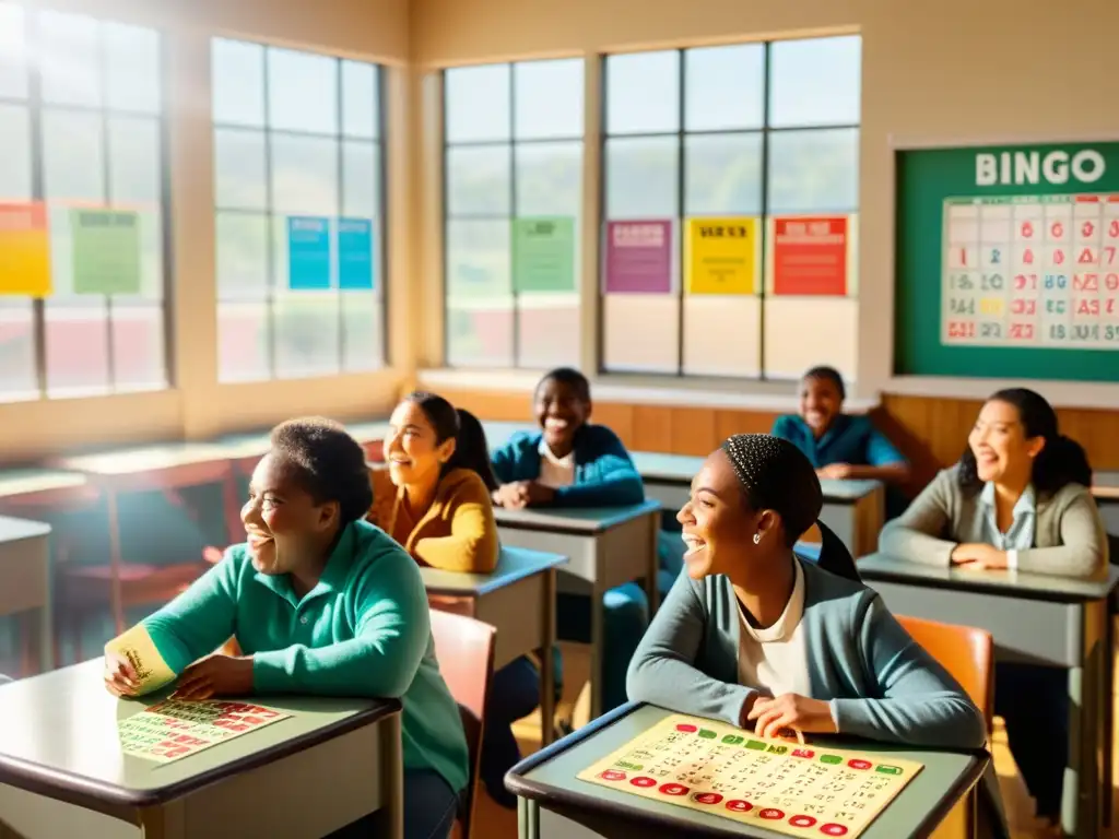 Clase animada con bingo linguístico, una herramienta divertida para el aula que crea un ambiente educativo nostálgico y acogedor