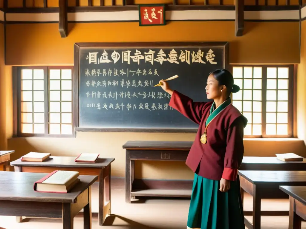 Clase de gramática del dzongkha en Bután: aula vintage con libros y materiales antiguos, luz cálida y caligrafía dzongkha en las paredes