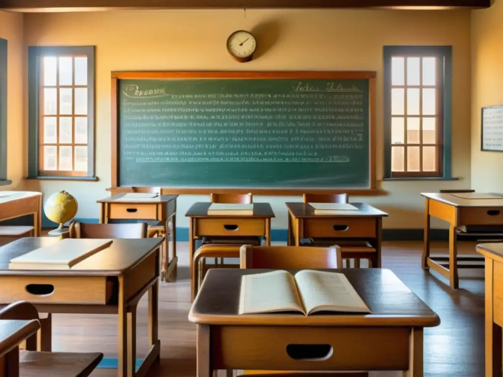 Clase escolar vintage con muebles de madera, pizarra con vocabulario en español e inglés, libros y globos