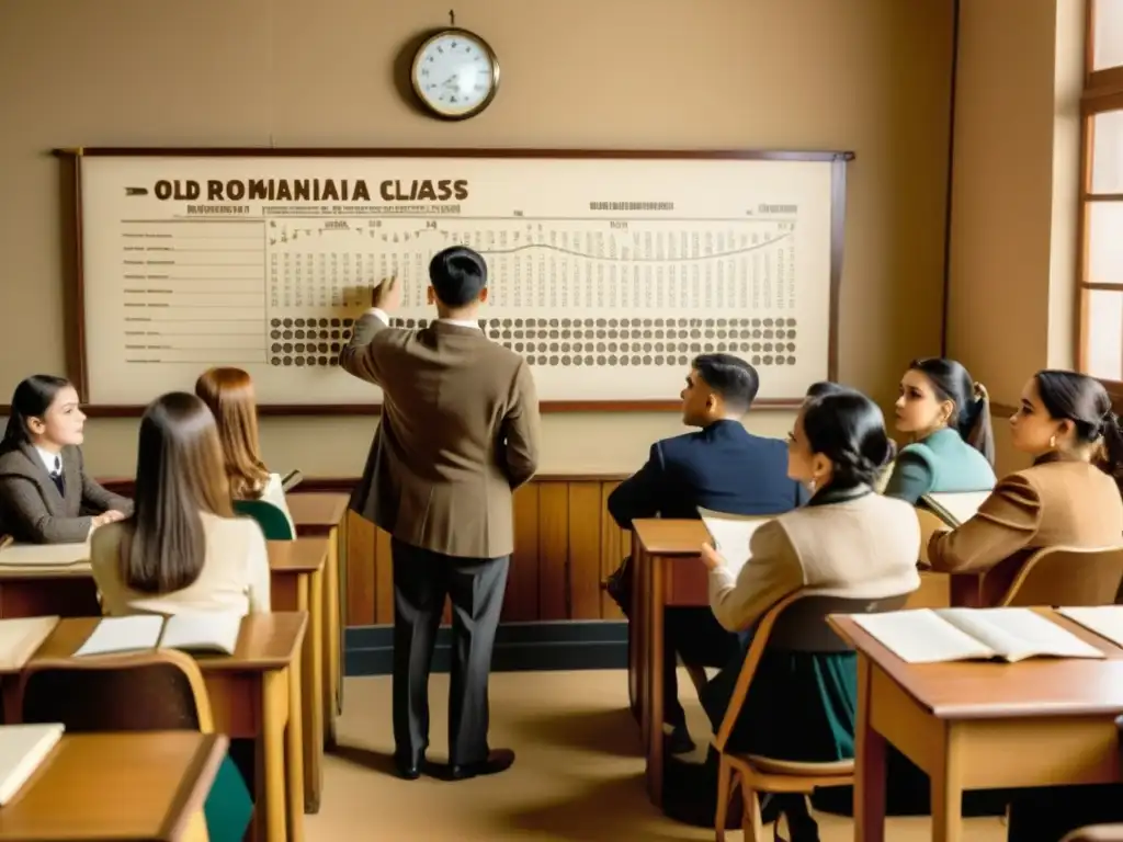 Clase de fonética rumana en un ambiente vintage, con alumnos tomando notas y escuchando atentamente al instructor