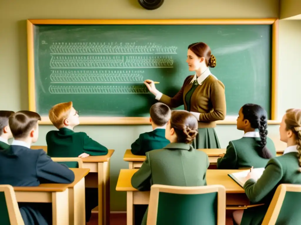 Una ilustración vintage de una clase donde se enseña el idioma celta, con estudiantes participativos y un profesor escribiendo en la pizarra