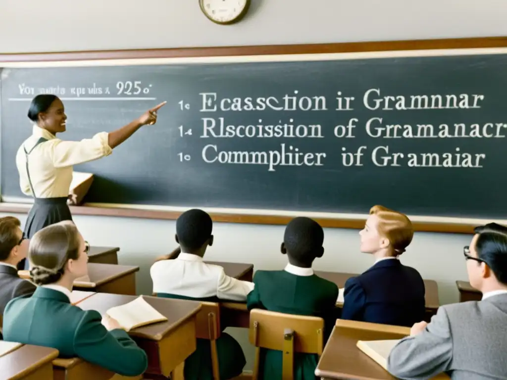 Clase nostálgica de gramática con estudiantes participativos y profesor de los años 50