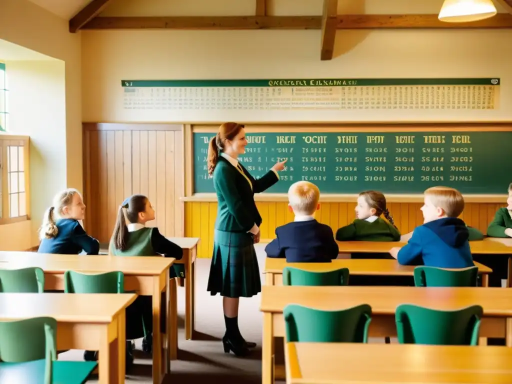 Clase tradicional de lengua gaélica en Escocia, con alumnos atentos y carteles educativos