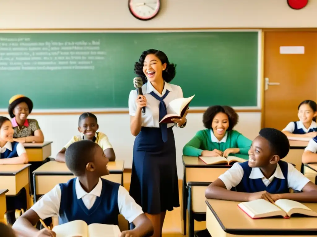 Clase vintage con diversidad de alumnos participando entusiastas en lecciones interactivas de idiomas con reconocimiento de voz, transformando la educación