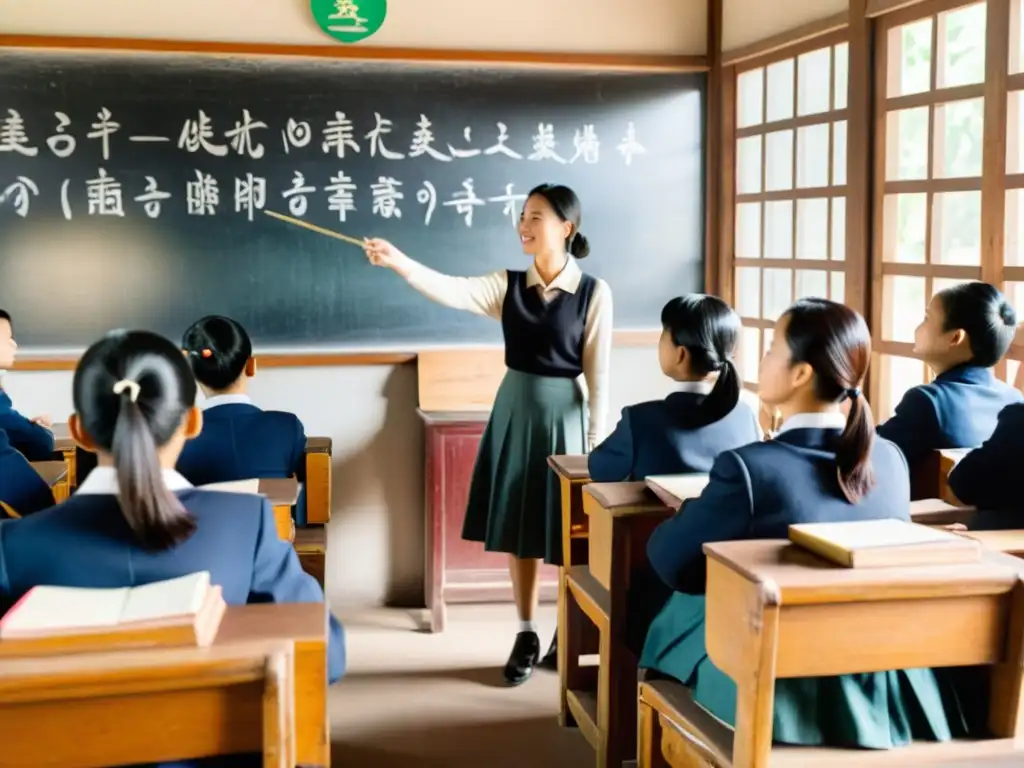 Una clase vintage con estudiantes lisu participando en la educación en la supervivencia del lisu, creando una atmósfera nostálgica y cálida