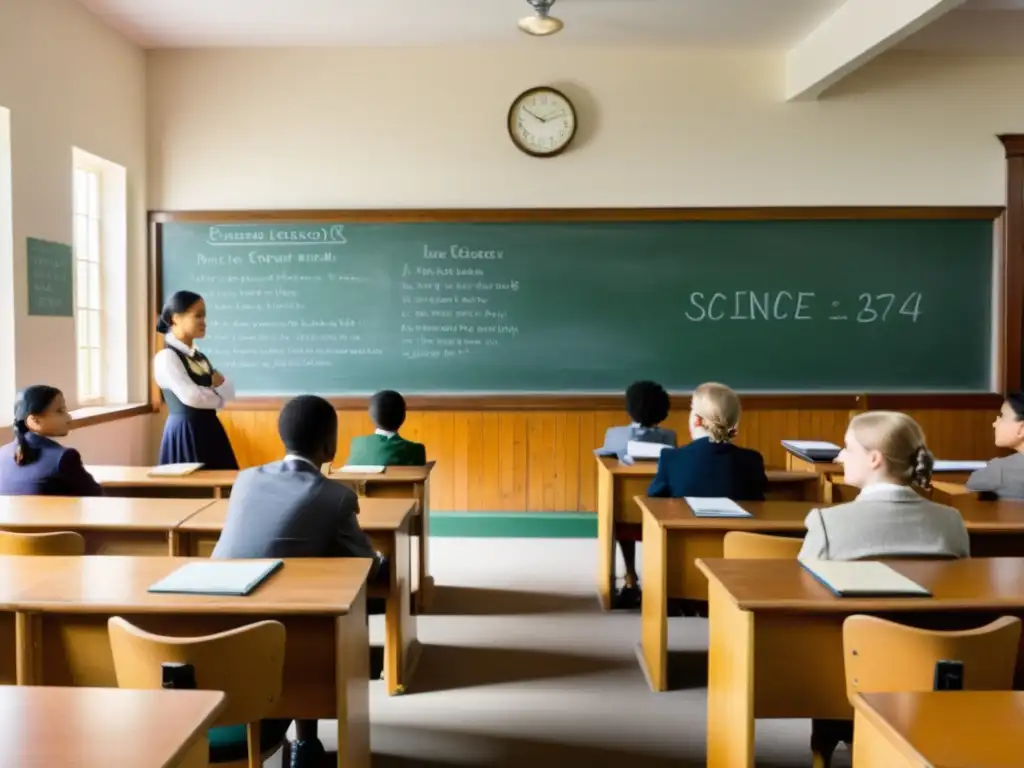 Clase vintage con pupitres de madera, pizarra, grandes ventanas y ambiente cálido, evocando la importancia atemporal de la educación