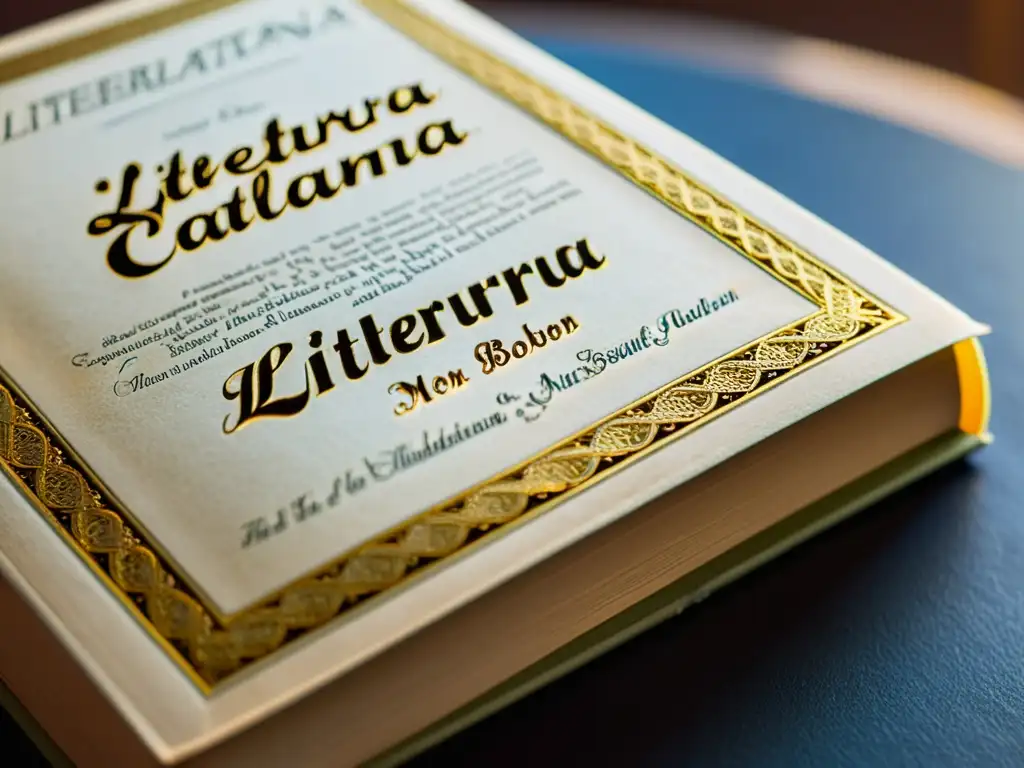 Closeup detallado de un antiguo libro desgastado con el título 'Literatura Catalana' en el lomo