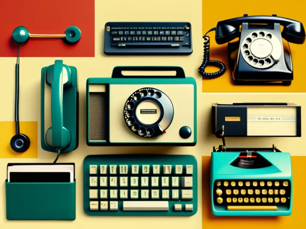 Collage vintage de dispositivos de comunicación antiguos y modernos, evocando nostalgia y el impacto de la tecnología en dialectos