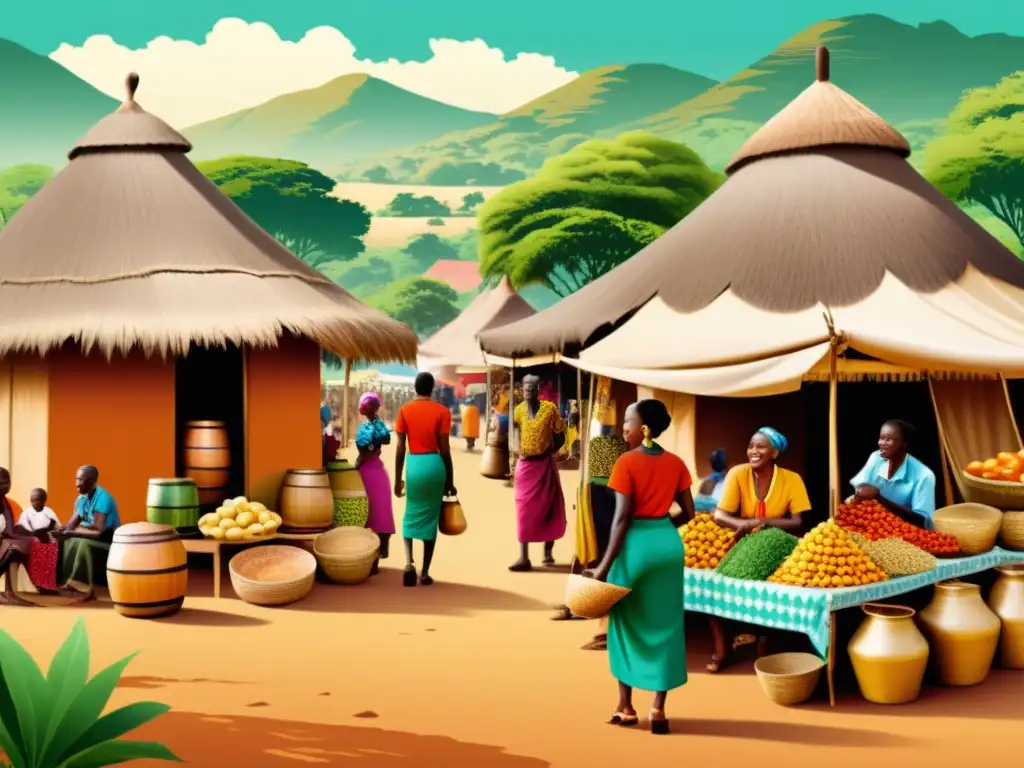 Colorida ilustración vintage de un bullicioso mercado en una aldea africana, con intercambio de bienes y animadas conversaciones