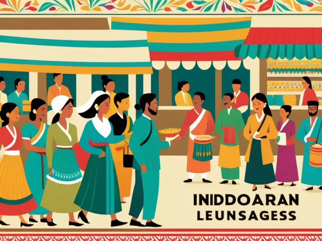 Colorida ilustración vintage de la conservación de lenguas indoarias con mercado bullicioso, textiles y conversaciones animadas en diversos idiomas