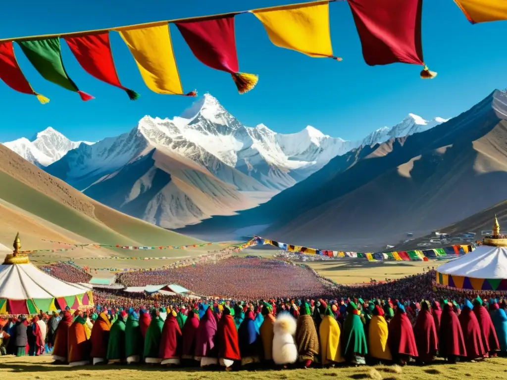 Colorida celebración tibetana con trajes detallados, banderas de oración y montañas nevadas de fondo