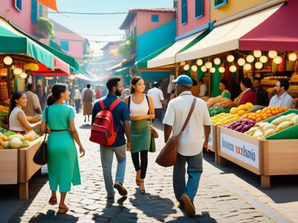 Colorido mercado multilingüe reflejando fenómenos lingüísticos y lenguas híbridas en comunidad diversa