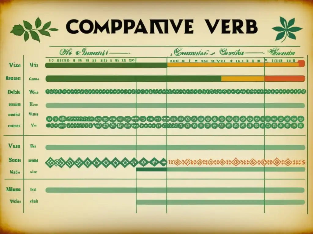 Comparativa de patrones de conjugación verbal en lenguas germánicas, ilustración vintage detallada con motivos florales y tipografía elegante