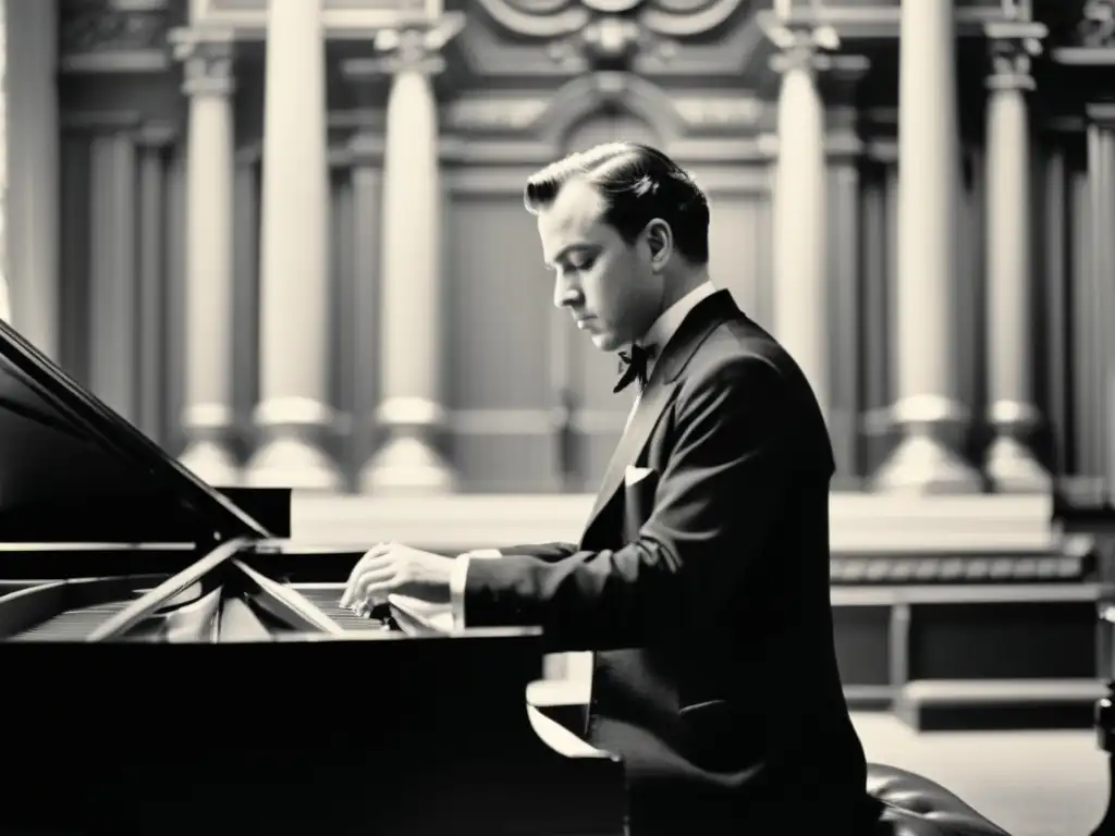 Compositor en sala de conciertos, junto a un piano, listo para escribir