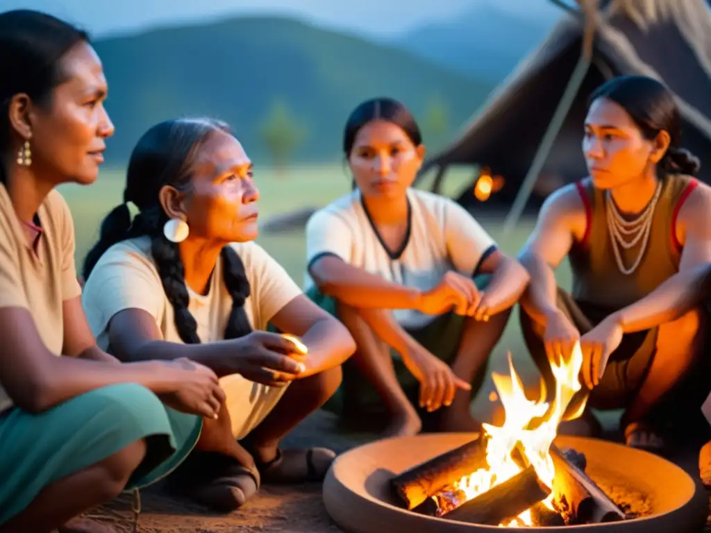 Comunidad indígena reunida alrededor del fuego, transmitiendo lenguas ancestrales en proyecto comunitario