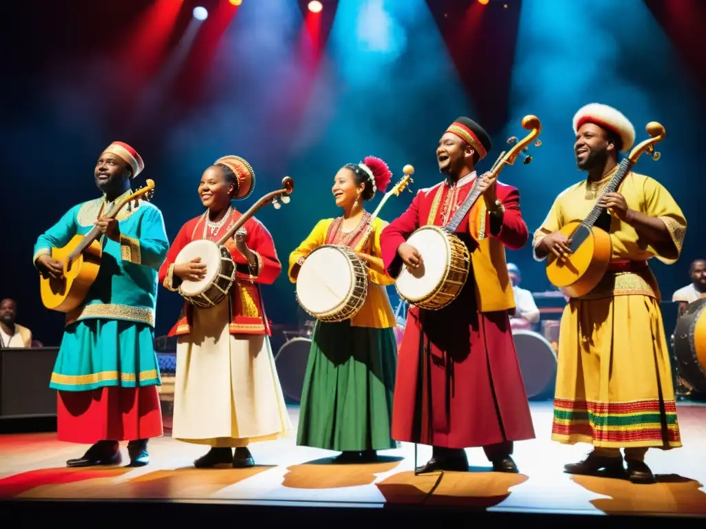 Concierto multicultural con músicos de distintas culturas en escena, simbolizando la diversidad musical en la anglofonía